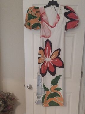 Anthropologie White Maxi Dress with Red, Orange, Green Floral Print
